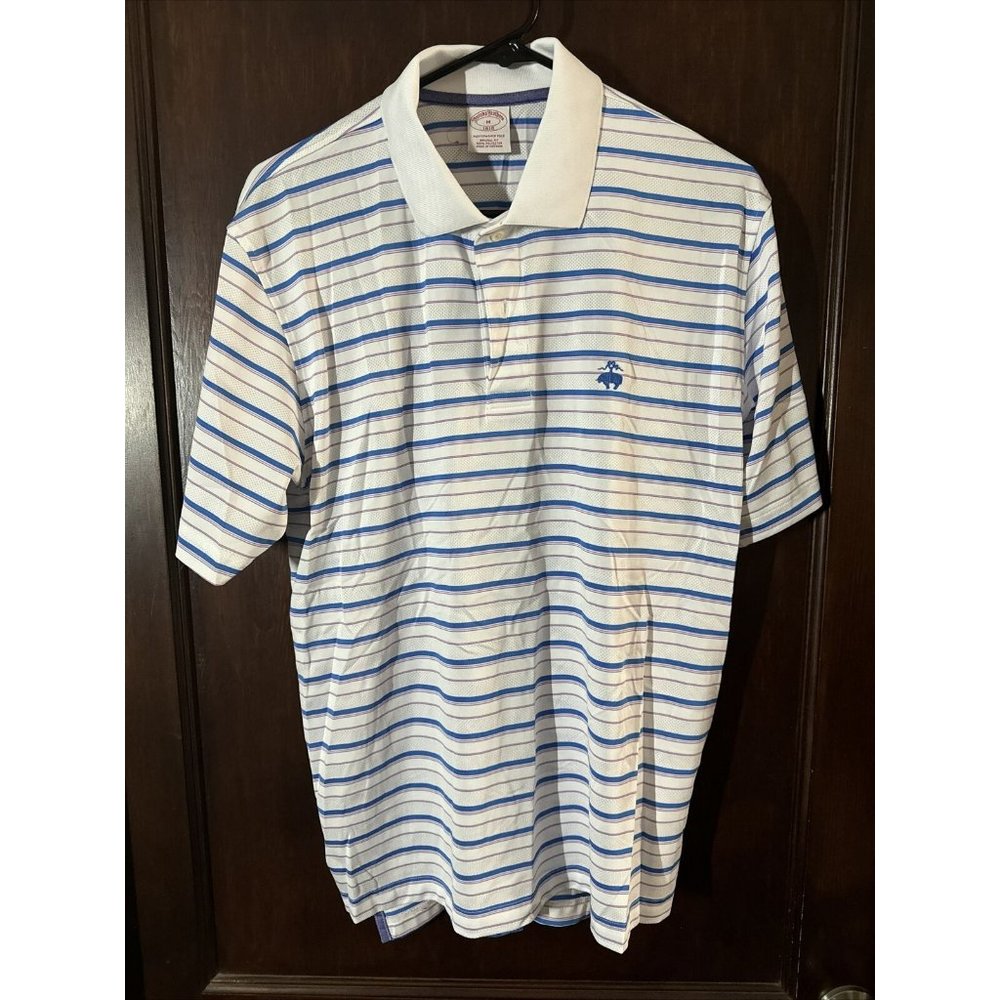 Brooks Brothers White and Blue Striped Short Sleeve Polo Shirt